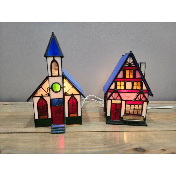 Holiday Creations Stained Glass Illuminated Village Church And Toy Store - Picture 1 of 11